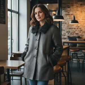 Coldwater‎ Creek Faux Fur Trimmed Coat Women's XL Silver Metallic Faux Leather